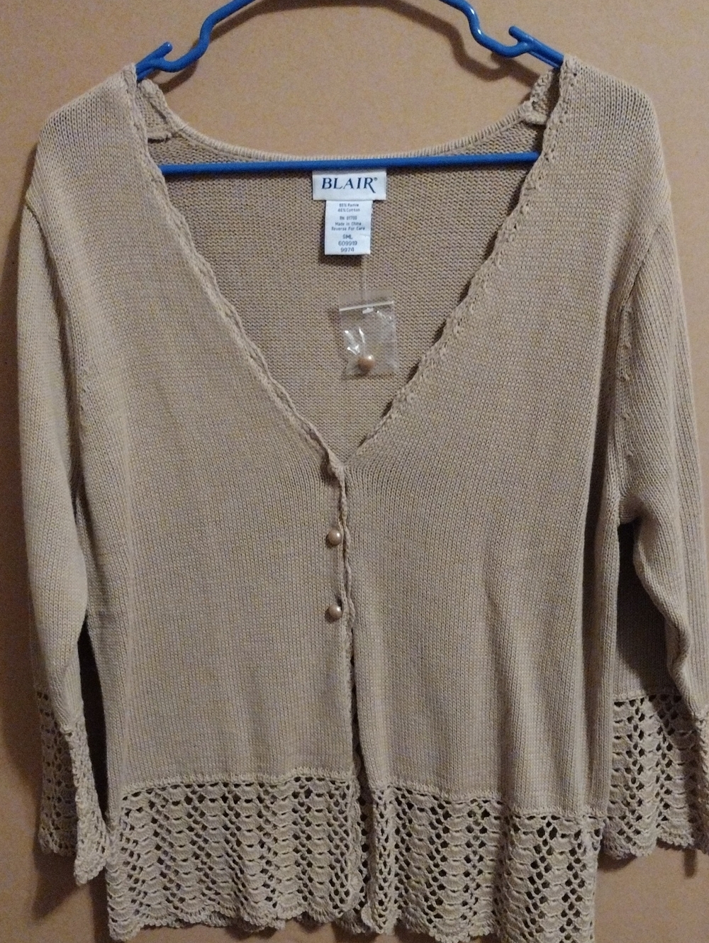 New Tan V-Neck Crochet Hem Lightweight Cardigan